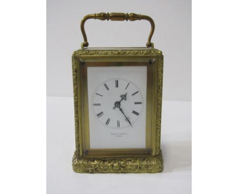 CARRIAGE CLOCK, brass fruit and blossom design cased carriage clock by Lamy and Lacroix, bell strike, 14cm height 