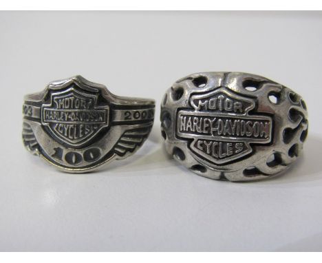 HARLEY DAVIDSON RINGS, 2 silver Harley Davidson rings, differing designs and sizes 