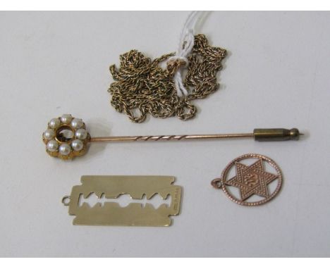 GOLD JEWELLERY, a 9ct gold stick pin set with pearls (central stone missing), gold pendant in the form of a razor blade, gold