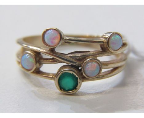 ORGANIC OPAL &amp; EMERALD RING, 9ct yellow gold ring, set 4 opals and 1 emerald, size P/Q