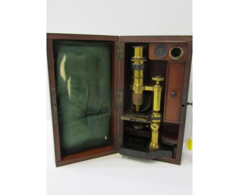 VICTORIAN MICROSCOPE, original mahogany cased lacquered brass table top microscope, 24cm height 