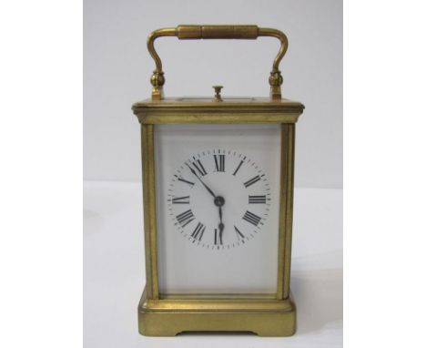 REPEATER CARRIAGE CLOCK, brass case and bevel glass carriage clock, coiled bar strike and plain white enamel face, 13cm heigh
