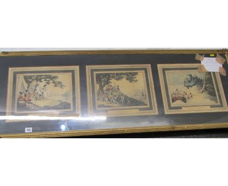 MILITARY AQUATINTS, set of 3 hand coloured aquatints, after Rowlandson "Soldiers Recreating", each print 26cm x 32cm 