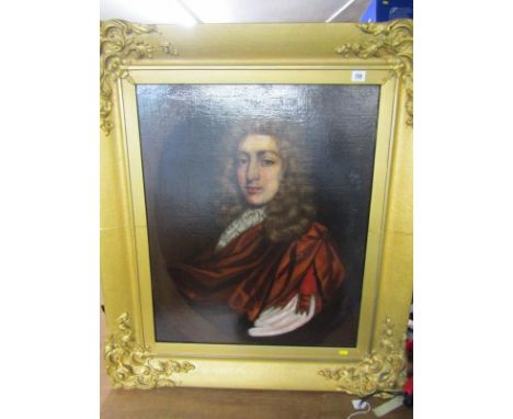 EARLY 18th CENTURY ENGLISH SCHOOL, oil on canvas "Portrait of Gentleman with wig and red coat", 75cm x 62cm 