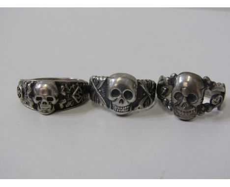3 SILVER RINGS 3 silver skull and crossbone rings, various sizes.&nbsp;Rings all sound with no damage. Sizes R/S, S and W, ap