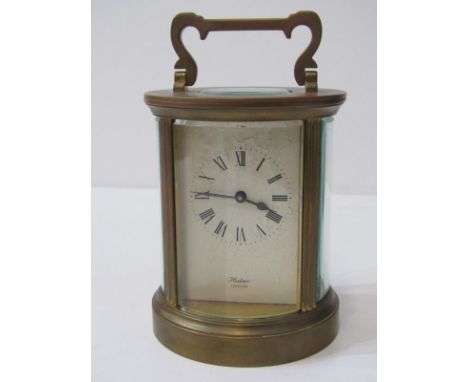 CARRIAGE CLOCK, drum cased bevelled glass carriage clock by Huber, stamped "ACG" in oval surround, 12cm height 