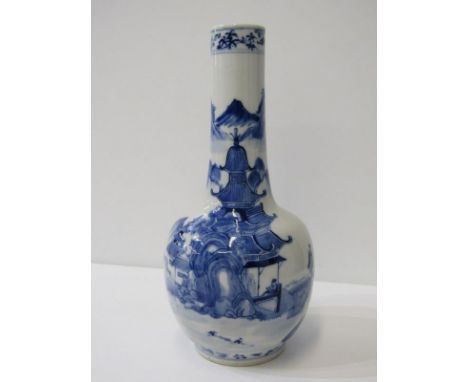 ORIENTAL CERAMICS, underglaze blue flask vase decorated with riverscape dwellings in mountainous back drop, 4 character base 