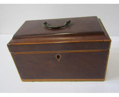 GEORGIAN TEA CADDY, mahogany rectangular cased triple section tea caddy with fruit wood escutcheon, 23cm width 