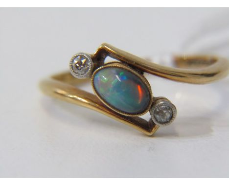 OPAL AND DIAMOND RING, 18ct yellow gold ring set with a central oval opal, flanked by 2 round brilliant cut diamonds, size M-