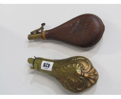 19TH CENTURY POWDER FLASK, 19th century copper powder flask with foliate decoration, 19cm length, together with a 19th centur