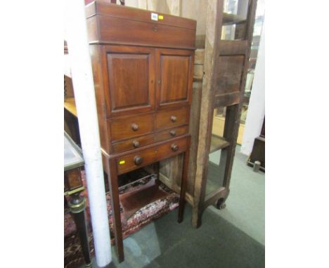 VICTORIAN MAHOGANY DISPLAY CABINET on stand, twin cupboard, lift top and drawer base, together with stretchered base shelf, 5