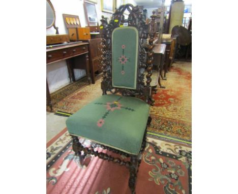 FLEMISH CARVED OAK BARLEY TWIST SUPPORT HALL CHAIR, with vine pierced design &amp; tapestry seat 