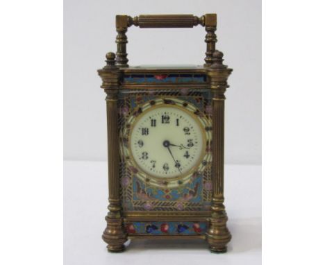 CHAMPLEVE MINIATURE CARRIAGE CLOCK, fluted column supports and enamelled face, 11cm height 