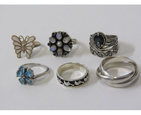 6 SILVER RINGS, 6 assorted silver rings, some stone set, others enamel set, also trilogy ring, etc, various sizes 