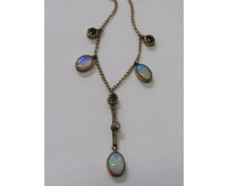 OPAL AND DIAMOND NECKLACE, yellow gold necklace (tests as 9ct) set with 3 opals, 1 diamond and 3 sapphires 