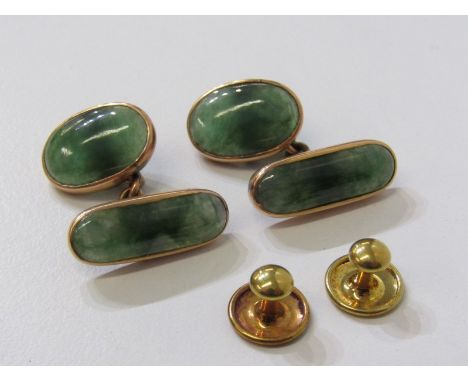JADE CUFFLINKS AND GOLD COLLAR STUDS, pair of 18ct gold collar studs, 1.5 grams  together with a pair of jade and gold cuffli