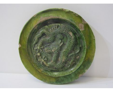ORIENTAL CERAMICS, green glazed Chinese stoneware temple plaque, inscribed "Tile from Temple of Heaven", Peking 1931, 16cm di