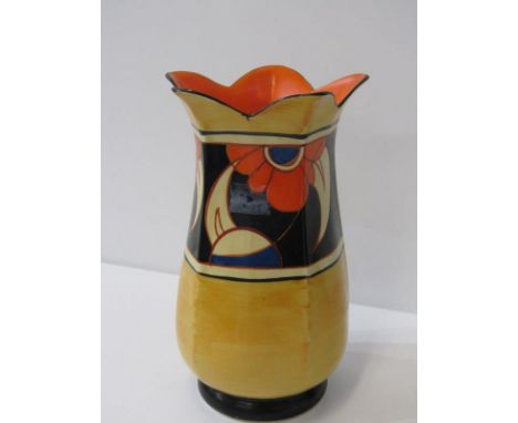 CLARICE CLIFF, orange flower hexagonal petal shaped 21cm vase Lot 373 - Minute nick to black rim line, some minor glaze losse