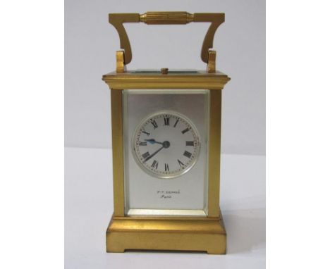 REPEATER CARRIAGE CLOCK, plain brass casing and satin finish dial by F. T. Depree of Paris, coiled bar strike, 15cm height wi