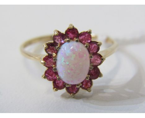 OPAL &amp; RUBY CLUSTER RING, 9ct yellow gold ring, set an oval opal, surrounded by a cluster of rubies, size O 