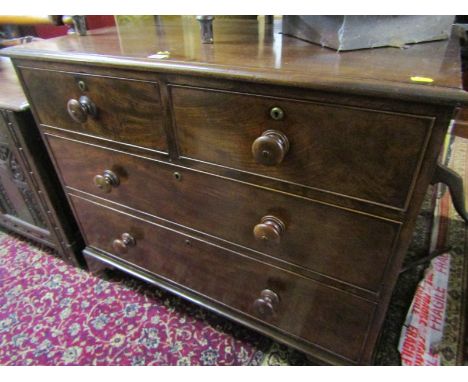 EARLY VICTORIAN MAHOGANY STRAIGHT FRONT CHEST, 2 short &amp; 2 long drawers, wooden knop handles &amp; bracket feet, 94cm wid