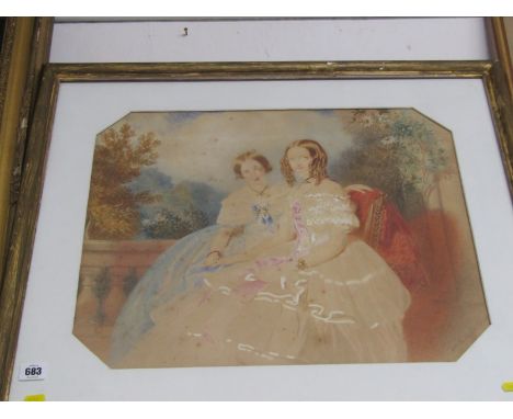 WILLIAM BUCKLER, signed watercolour dated 1848, "Portrait of two seated Gentle Ladies on balcony", 42cm x 53cm 