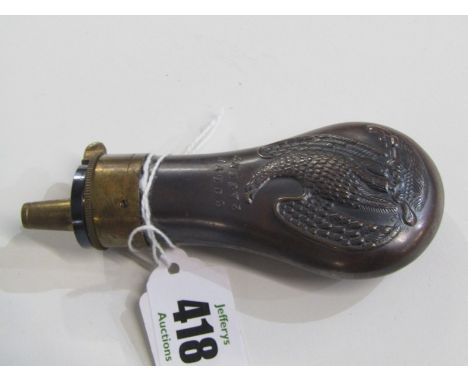 AMERICAN 19th CENTURY POWDER FLASK, colt patent copper and brass powder flask, each side decorated an eagle in relief, circa 