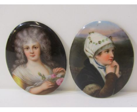 ANTIQUE PORCELAIN PORTRAIT PLAQUE, oval porcelain plaque "Heinsius Madem Bazin" ; and 1 similar, 8cm height 