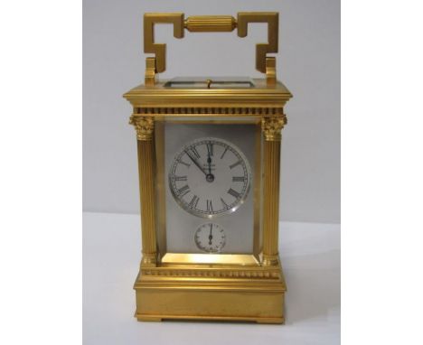 REPEATER CARRIAGE CLOCK, of casket design with column support, satin finish dial by Shaw of Glasgow, stamped on back plate A*