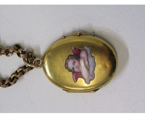 VICTORIAN ENAMEL LOCKET, oval gold locket (tests as gold) with enamelled decoration of cherub on a 18'' 9ct gold chain. 14 gr