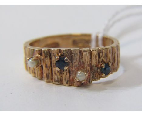 SAPPHIRE &amp; OPAL RING, organic 9ct yellow gold bark decorated ring, set 2 sapphire and 2 opals, size M. 3.9 grams 