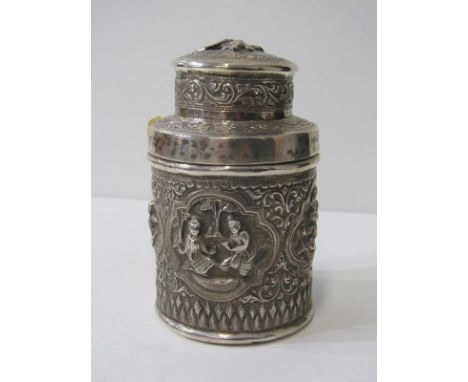INDIAN SILVER TEA CADDY, the circular body decorated dancing figures in relief, lid decorated mythical dragon in relief, 12cm
