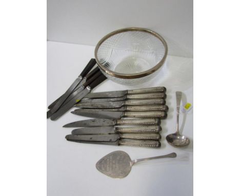 SILVER HANDLED CUTLERY, Irish silver ladle with Dublin HM, 9 silver handled knives with steel blades, presentation cake slice