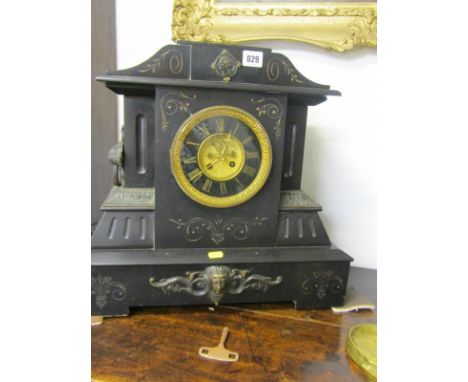 VICTORIAN BLACK MARBLE MANTEL CLOCK, open brocot escapement (one mask detail missing) 44cm height 