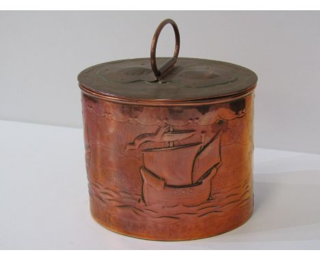 NEWLYN COPPER, oval lidded tea caddy decorated with galleons and scallop shells, stamped "Newlyn", 13cm height 