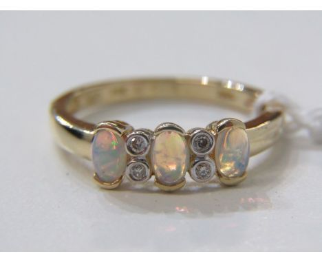 OPAL &amp; DIAMOND RING, 14ct yellow gold ring set 3 oval opals interspersed by diamonds, size N 