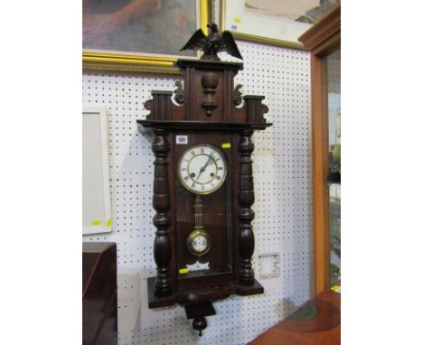 EDWARDIAN REGULATOR CLOCK, eagle crested pediment, plain enamel face and pendulum,  92cm height 