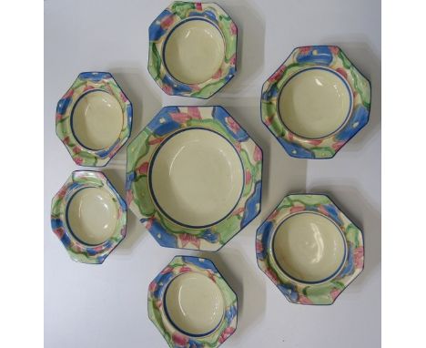 CLARICE CLIFF, floral bordered 7 piece fruit service set    lot 369 - large bowl with faint scratch and firing to underside o