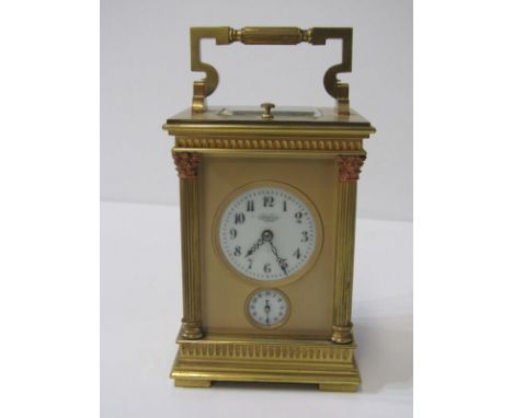 REPEATER CARRIAGE CLOCK, column support carriage clock by Goldsmiths Company, with coiled bar strike, 13cm height 
