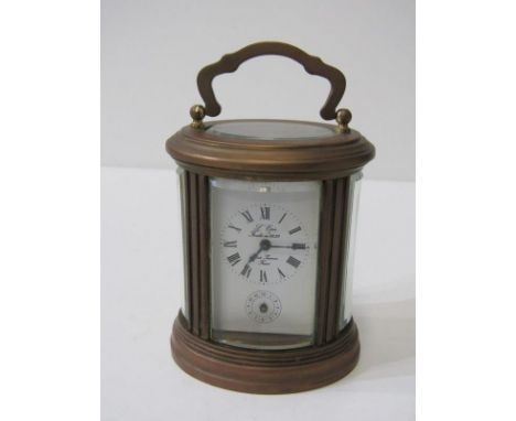 MINIATURE CARRIAGE CLOCK, oval cased body with alarm bell base "L'epee", 8.5cm height 