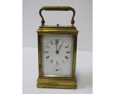 REPEATER CARRIAGE CLOCK, brass bevel case carriage clock, coiled bar strike and antique carrying case, 13cm height 