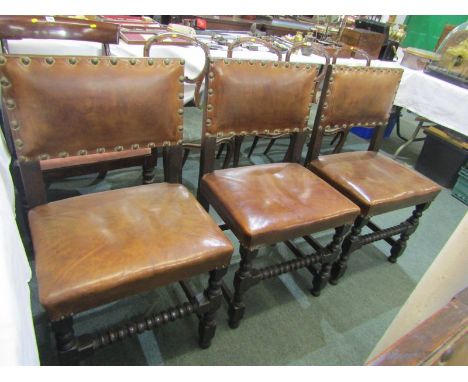 CROMWELLIAN DESIGN LEATHER DINING CHAIRS, set of 6 brass studded oak dining chairs with bobbin framed front stretchers 