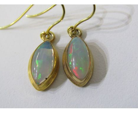 OPAL EARRINGS, pair of 9ct yellow gold and wire framed opal earrings.&nbsp;The wire is gold and surrounds are gold on silver.