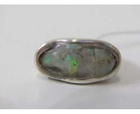 HAND MADE OPAL RING, a large oval ring in a hand made silver setting, size M/N 