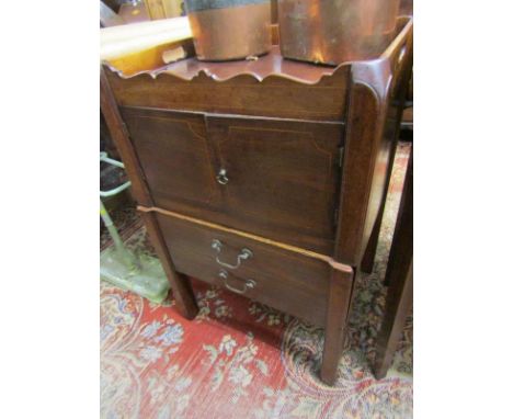 GEORGIAN MAHOGANY TRAY TOP&nbsp;COMMODE, drawer&nbsp;façade pull out base with twin cupboards &amp; pierced side handles, 50c