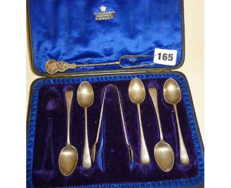 Part cased set of silver teaspoons and sugar tongs, hallmarked for Sheffield 1903, maker JR. Together with a Chinese silver c