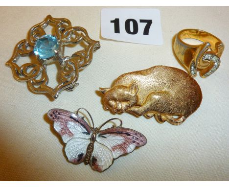 Vintage brooches including a Danish enamel and silver butterfly marked as OX STERLING