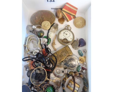 Box of interesting items, inc. a Japanese brass vesta with integral compass, medal, pendants, antique magnifying glass pendan