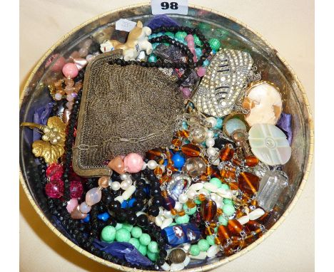 Tin of old and vintage costume jewellery, art glass beads etc