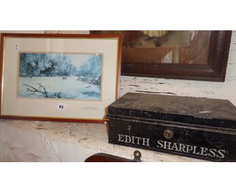 A small signed David Shepherd colour print of elephants in a river and a tin deed box
